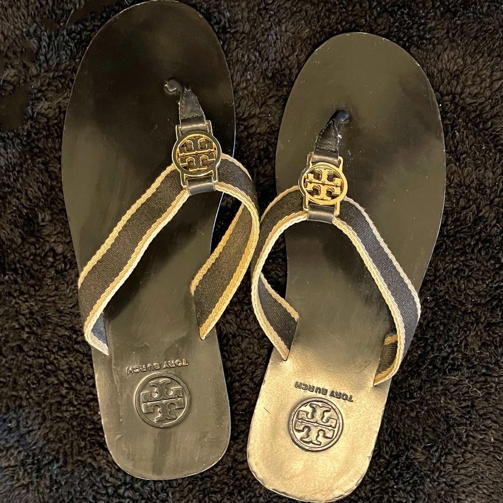 Tori Burch Thong Sandals Black and Gold